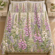 Foxglove Cottage Spires quilt set, overhead, AI-generated mockup