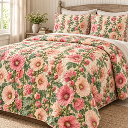 Hollyhock Cottage Wall Quilt Set, Botanical Floral Bedding, Gift for Garden Lovers