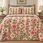 Hollyhock Cottage Wall quilt set, front, AI-generated mockup