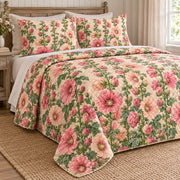 Hollyhock Cottage Wall quilt set, left, AI-generated mockup