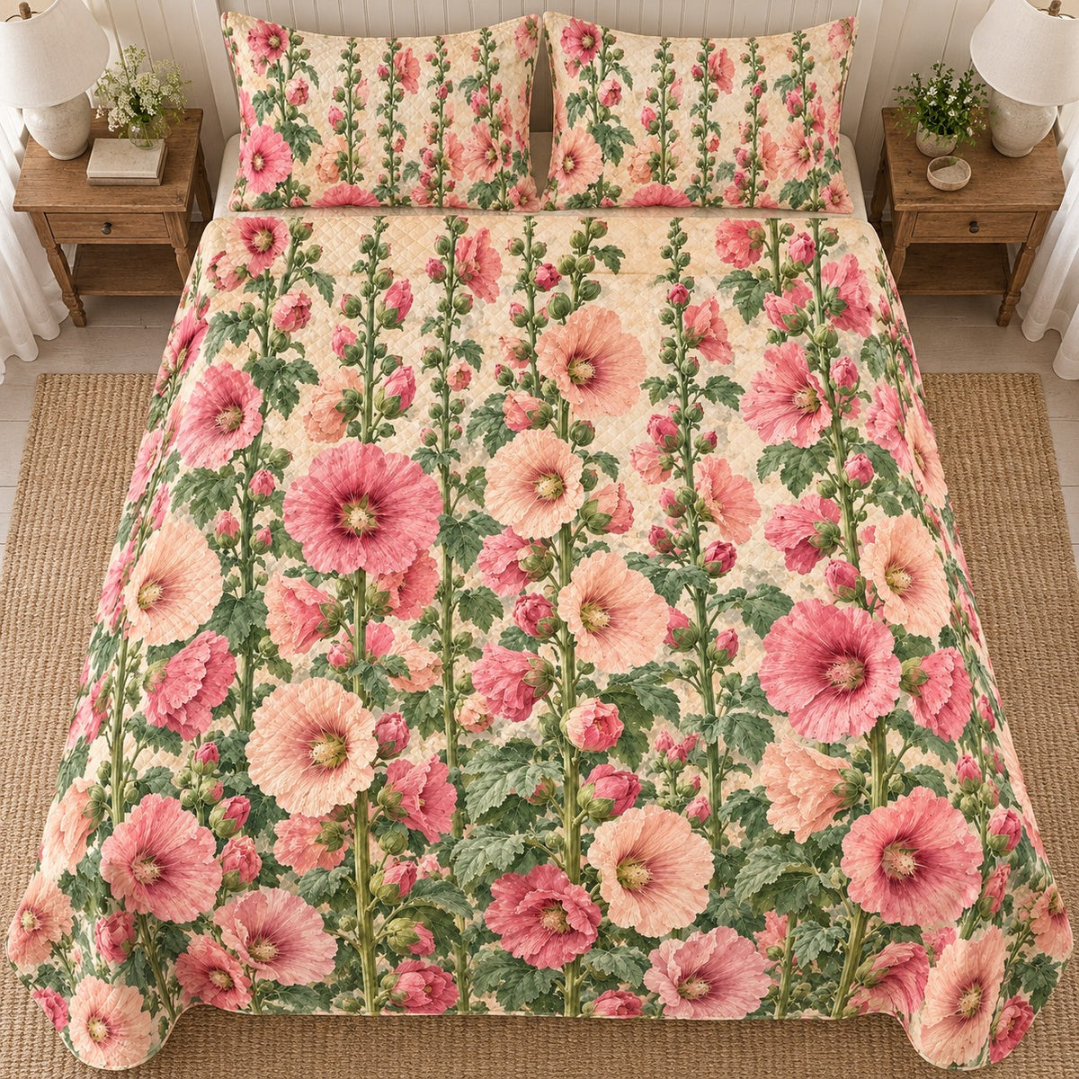 Hollyhock Cottage Wall quilt set, overhead, AI-generated mockup