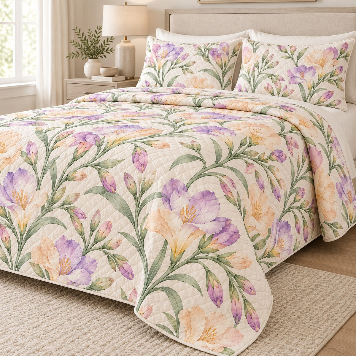 Pastel Freesia Sprays quilt set, right hero, AI-generated mockup