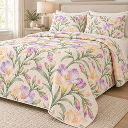 Pastel Freesia Sprays Quilt Set, Soft Botanical Bedding, Gift for Garden Lovers