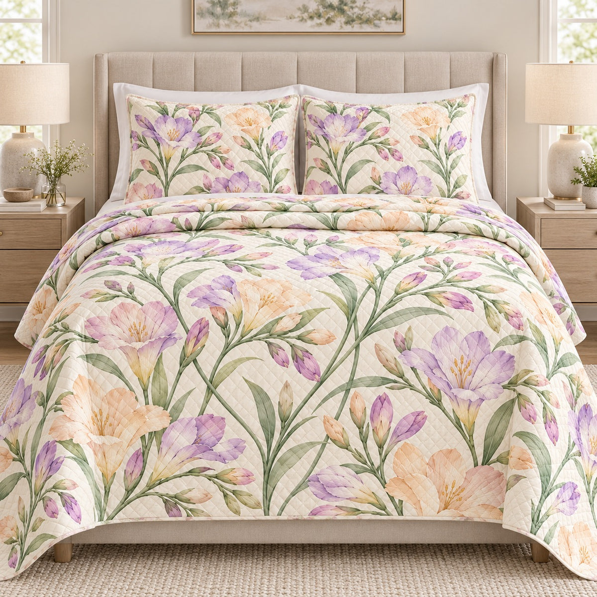 Pastel Freesia Sprays quilt set, front, AI-generated mockup