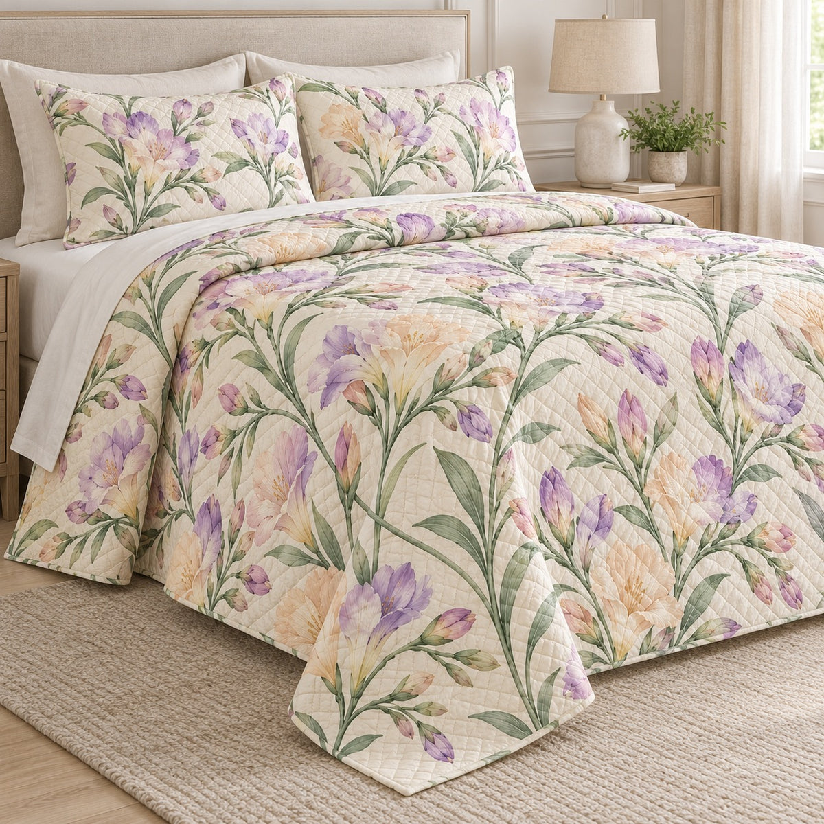 Pastel Freesia Sprays quilt set, left, AI-generated mockup