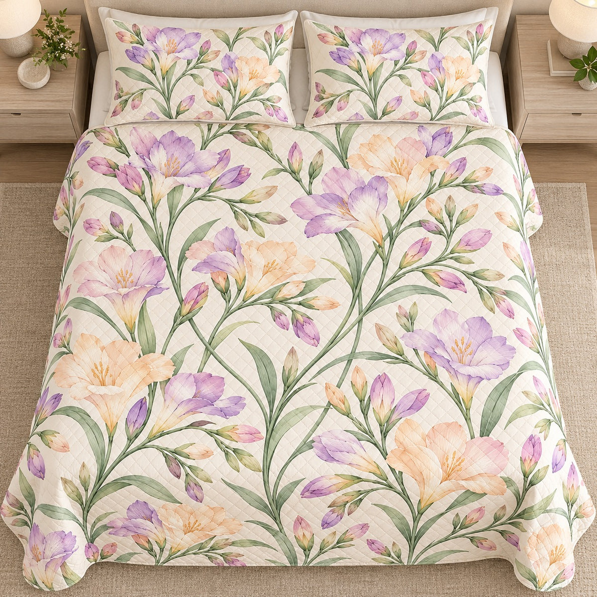 Pastel Freesia Sprays quilt set, overhead, AI-generated mockup