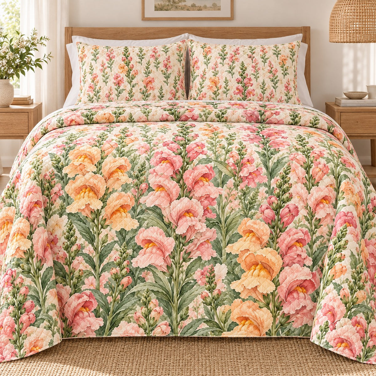 Snapdragon Cottage Mix quilt set, front, AI-generated mockup