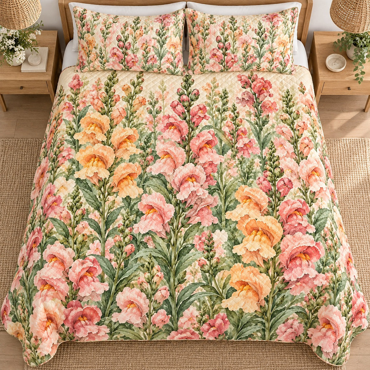 Snapdragon Cottage Mix quilt set, overhead fully spread, AI-generated mockup