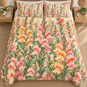 Snapdragon Cottage Mix quilt set, overhead fully spread, AI-generated mockup