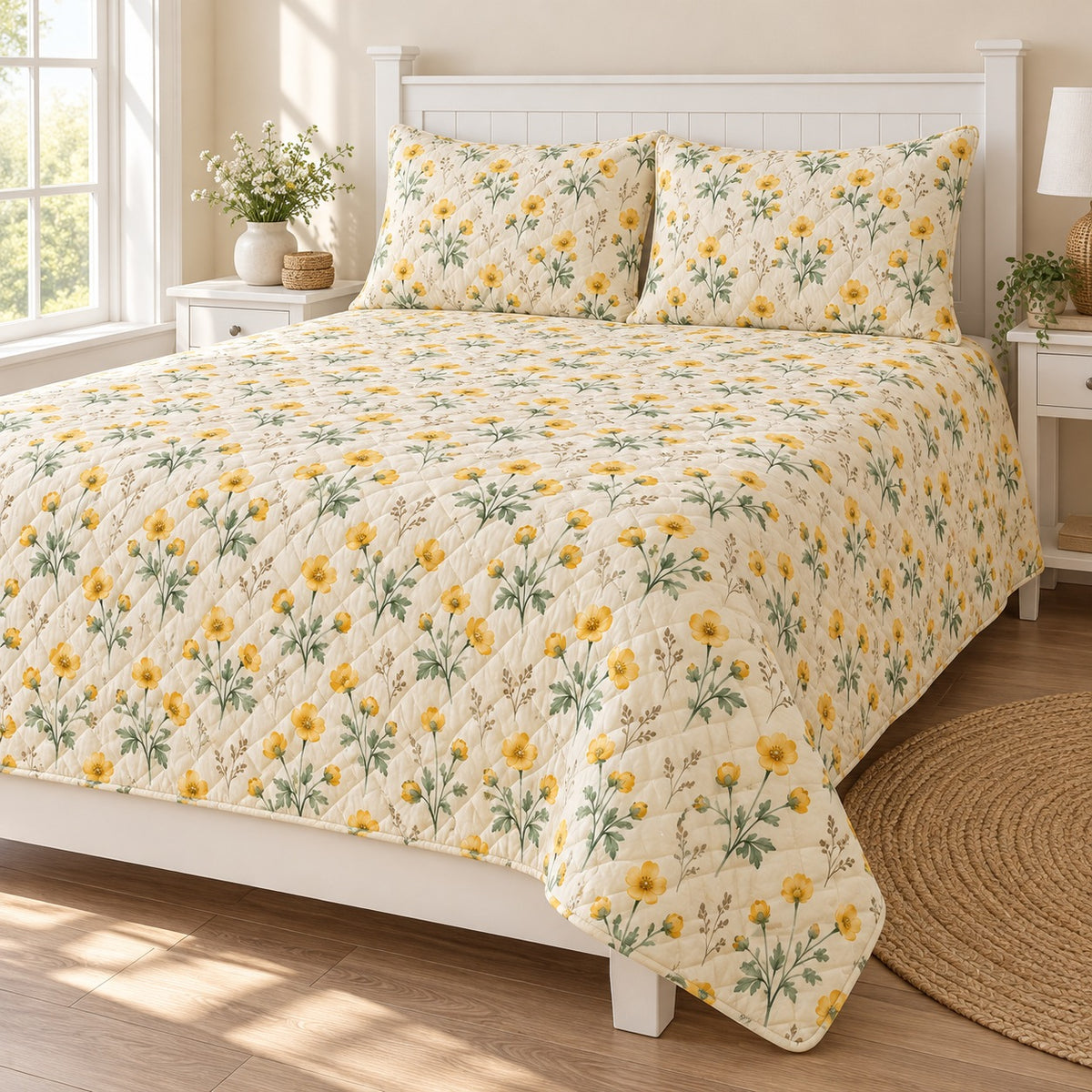 Buttercup Summer Haze quilt set, right hero, AI-generated mockup