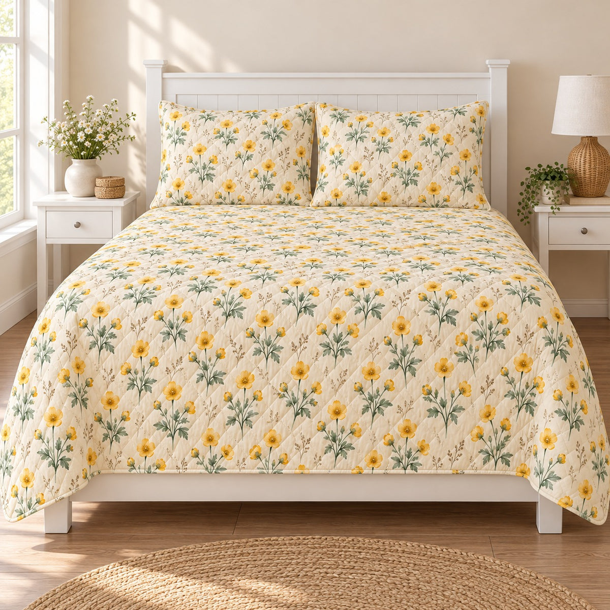 Buttercup Summer Haze quilt set, front, AI-generated mockup
