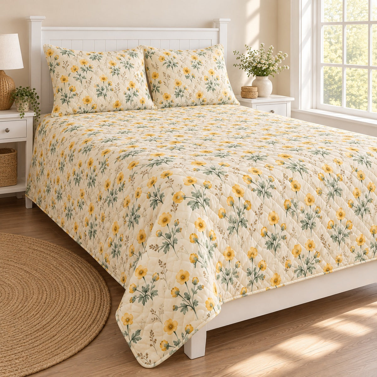 Buttercup Summer Haze quilt set, left, AI-generated mockup