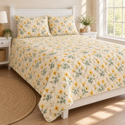 Buttercup Summer Haze quilt set, left, AI-generated mockup