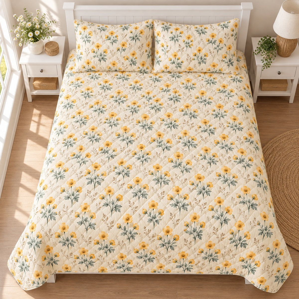 Buttercup Summer Haze quilt set, overhead fully spread, AI-generated mockup