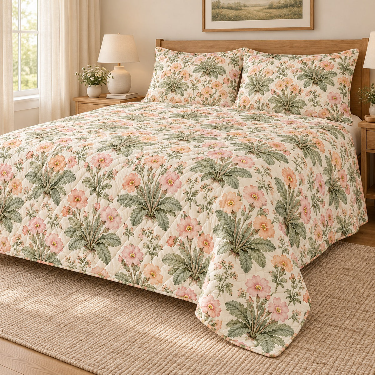 Vintage Primrose Garden quilt set, right hero, AI-generated mockup