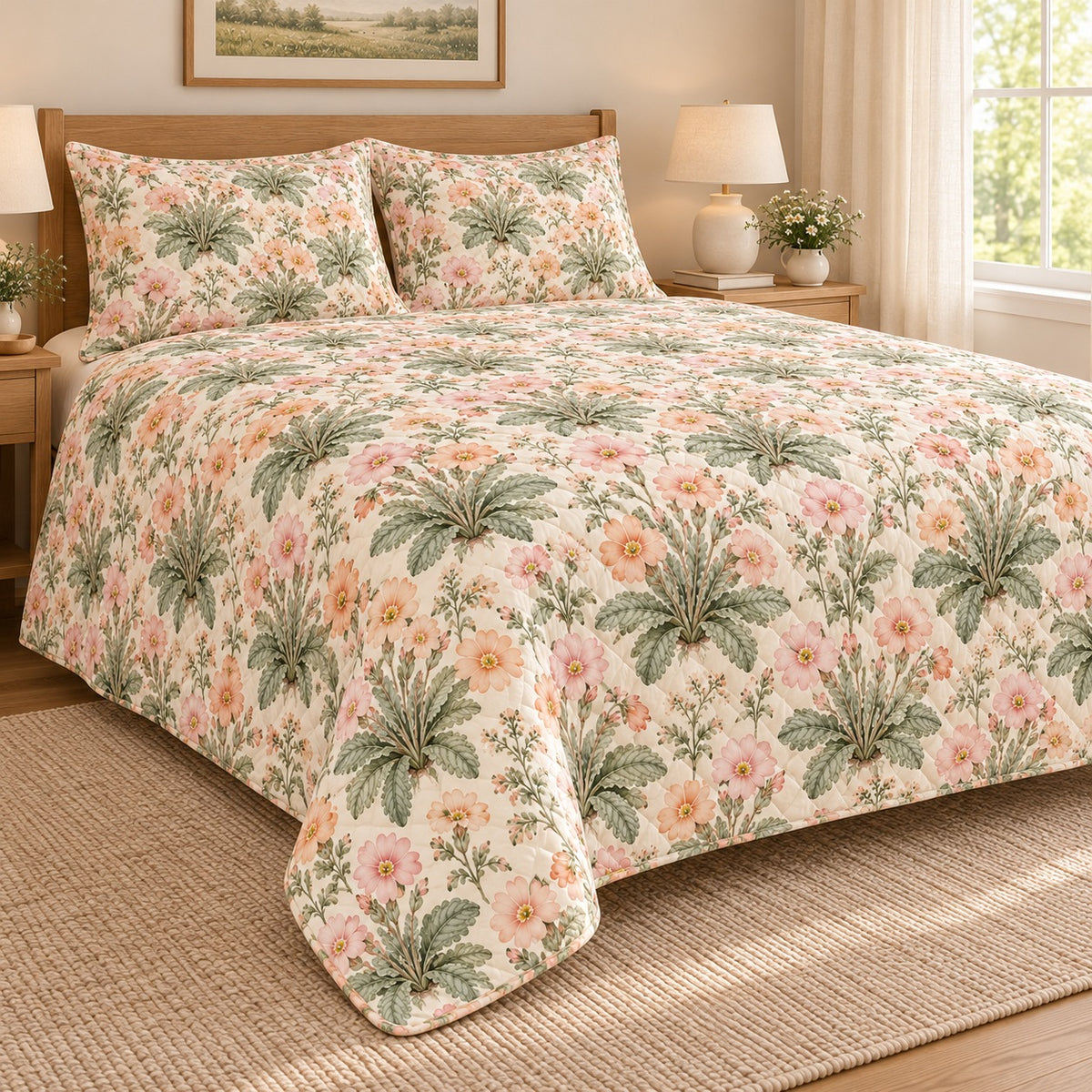 Vintage Primrose Garden quilt set, left, AI-generated mockup