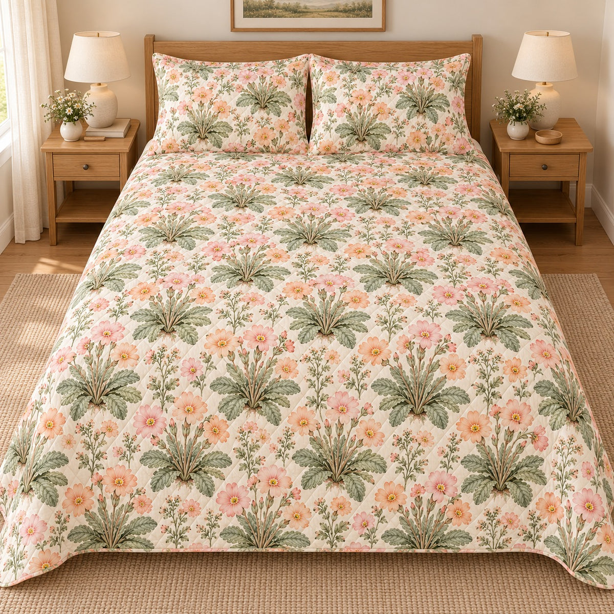 Vintage Primrose Garden quilt set, overhead fully spread, AI-generated mockup
