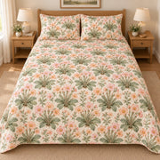 Vintage Primrose Garden quilt set, overhead fully spread, AI-generated mockup