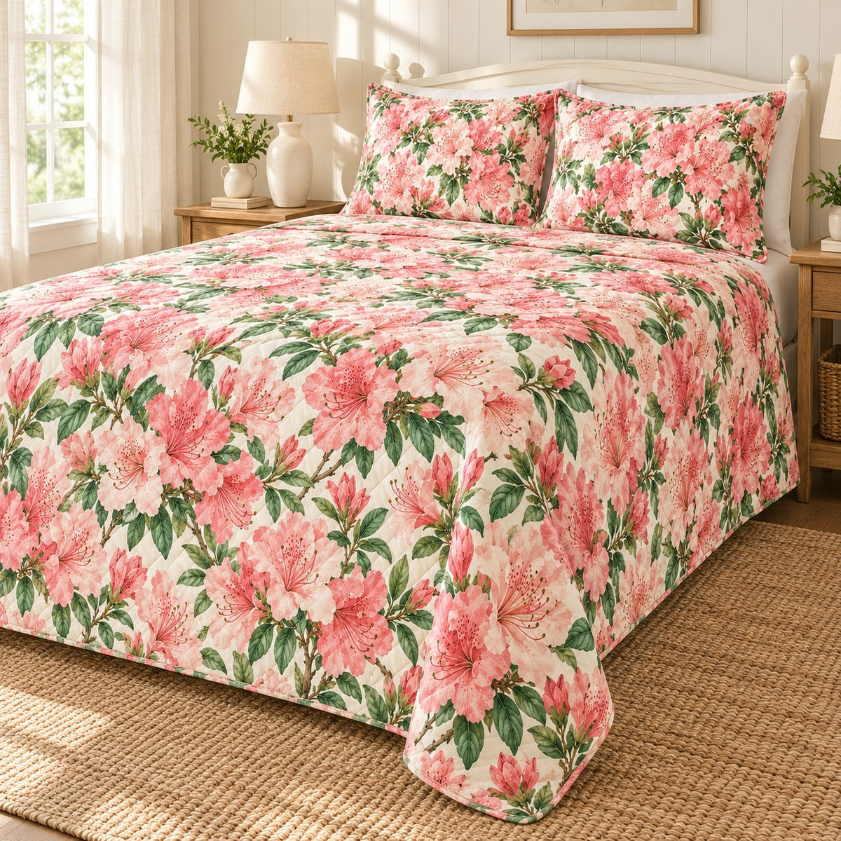 Southern Azalea Blooms quilt set, right hero, AI-generated mockup