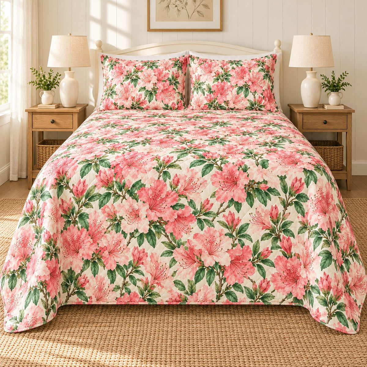 Southern Azalea Blooms quilt set, front, AI-generated mockup