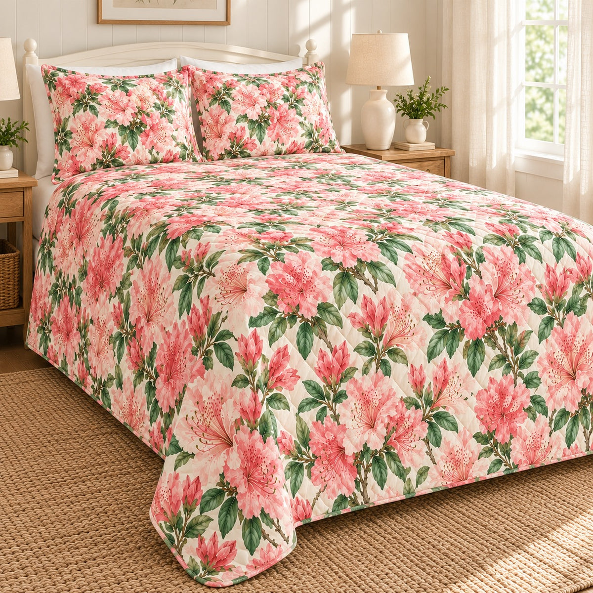 Southern Azalea Blooms quilt set, left, AI-generated mockup