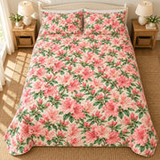 Southern Azalea Blooms quilt set, overhead fully spread, AI-generated mockup