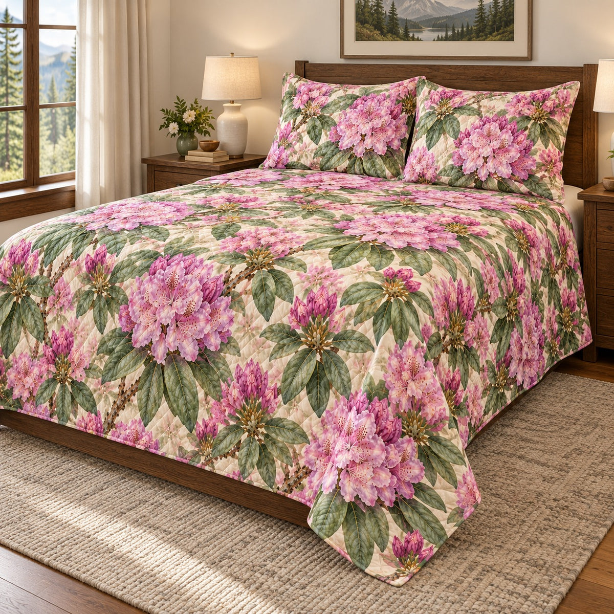 Mountain Rhododendron quilt set, right hero, AI-generated mockup