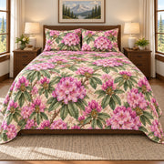 Mountain Rhododendron quilt set, front, AI-generated mockup