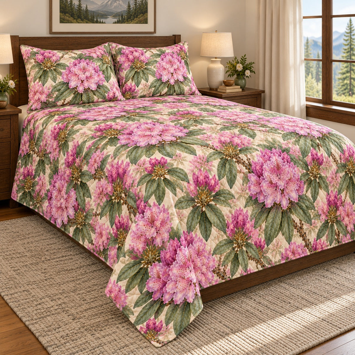 Mountain Rhododendron quilt set, left, AI-generated mockup