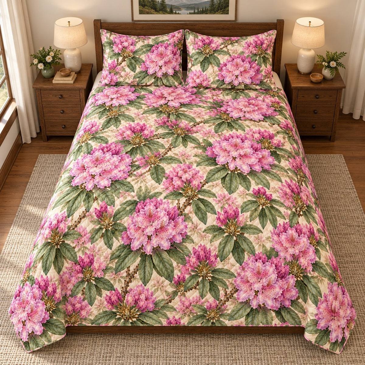 Mountain Rhododendron quilt set, overhead fully spread, AI-generated mockup