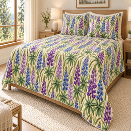 Purple Lupine Meadow Quilt Set, Botanical Floral Bedding, Gift for Nature Lovers