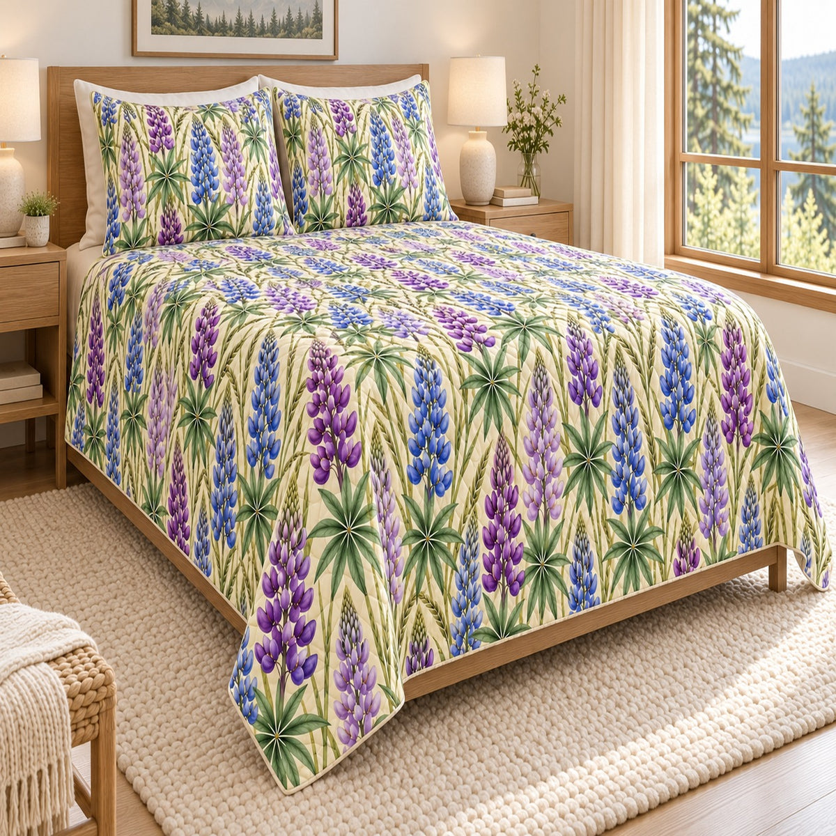 Purple Lupine Meadow quilt set, left, AI-generated mockup