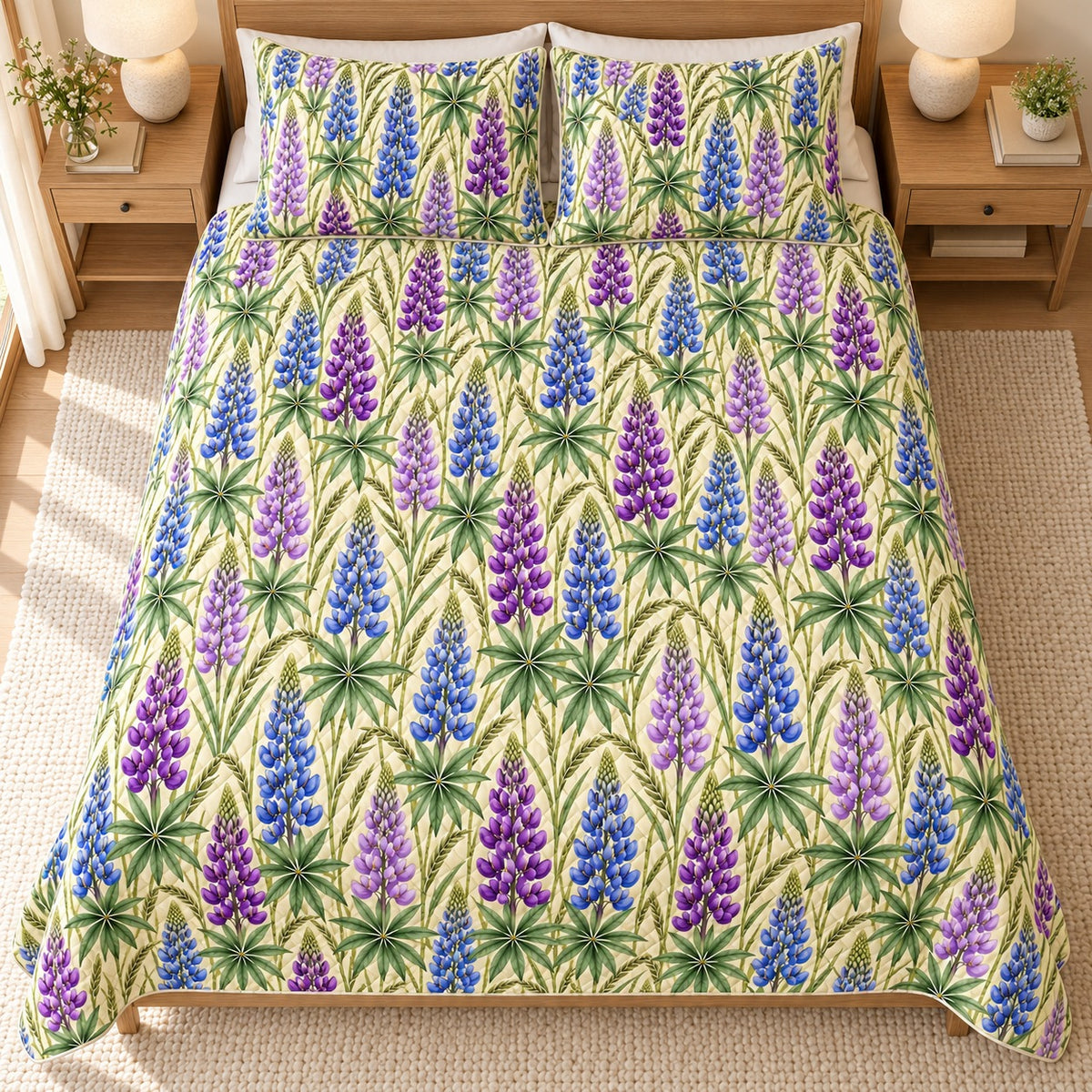 Purple Lupine Meadow quilt set, overhead fully spread, AI-generated mockup
