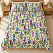 Purple Lupine Meadow quilt set, overhead fully spread, AI-generated mockup