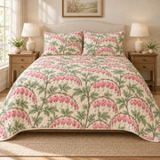 Bleeding Heart Cottage quilt set, front, AI-generated mockup