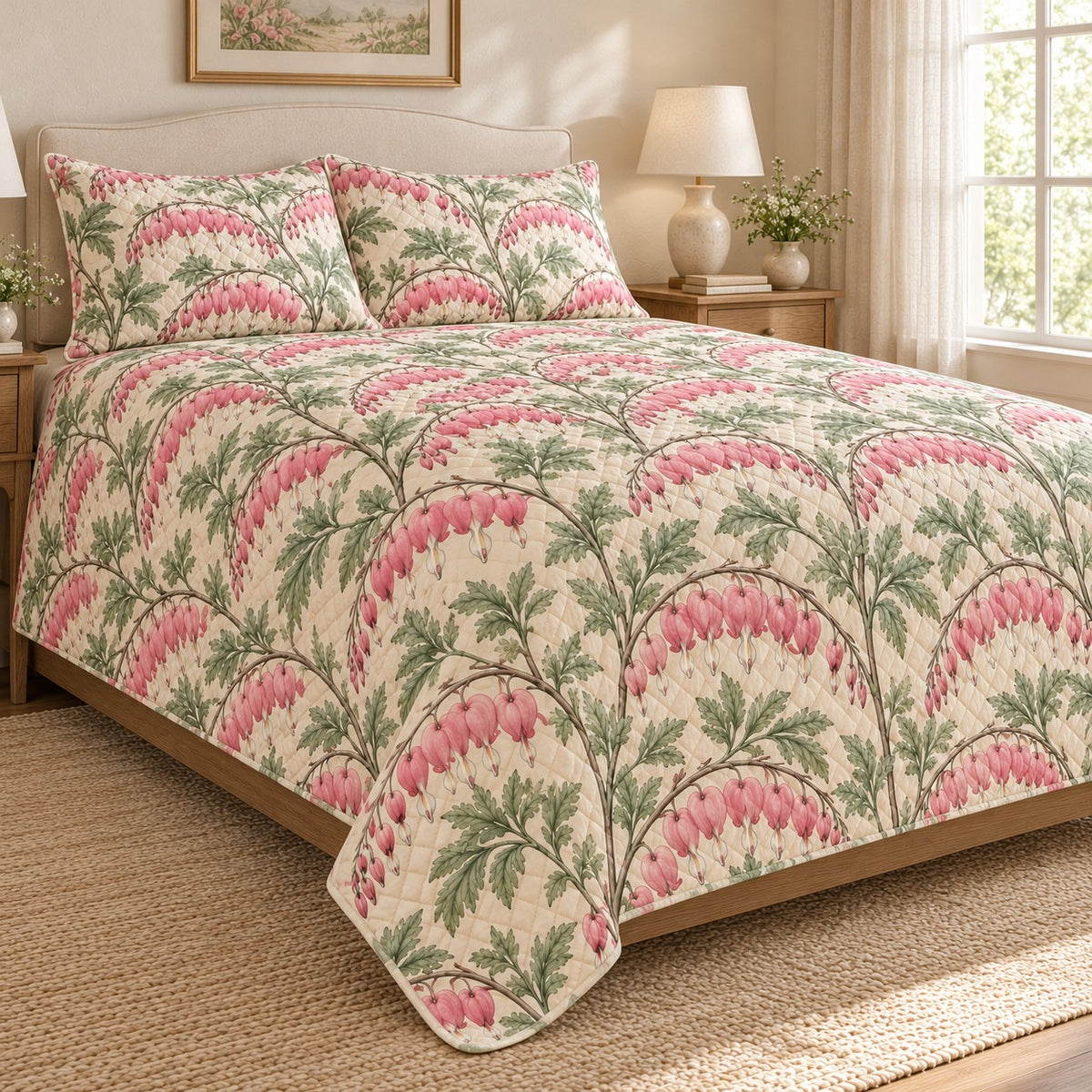 Bleeding Heart Cottage quilt set, left, AI-generated mockup