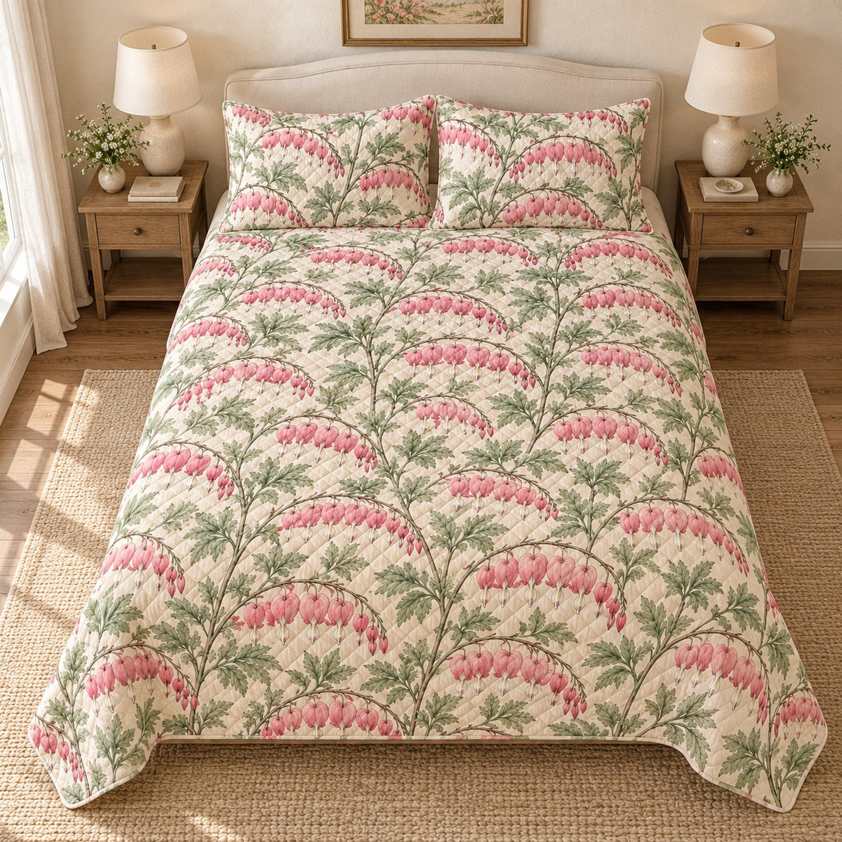 Bleeding Heart Cottage quilt set, overhead fully spread, AI-generated mockup