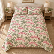 Bleeding Heart Cottage quilt set, overhead fully spread, AI-generated mockup