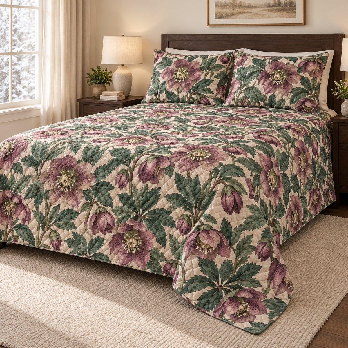 Winter Hellebore Botanical quilt set, right hero, AI-generated mockup