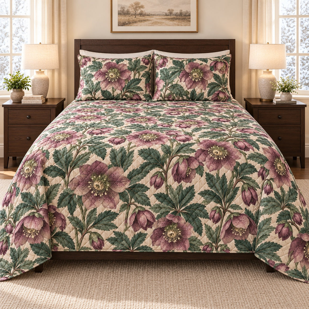 Winter Hellebore Botanical quilt set, front, AI-generated mockup