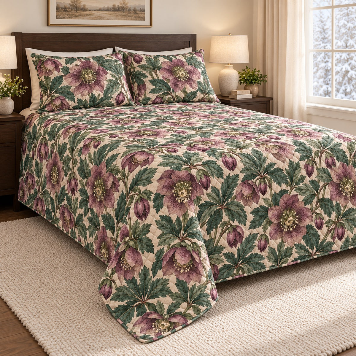 Winter Hellebore Botanical quilt set, left, AI-generated mockup