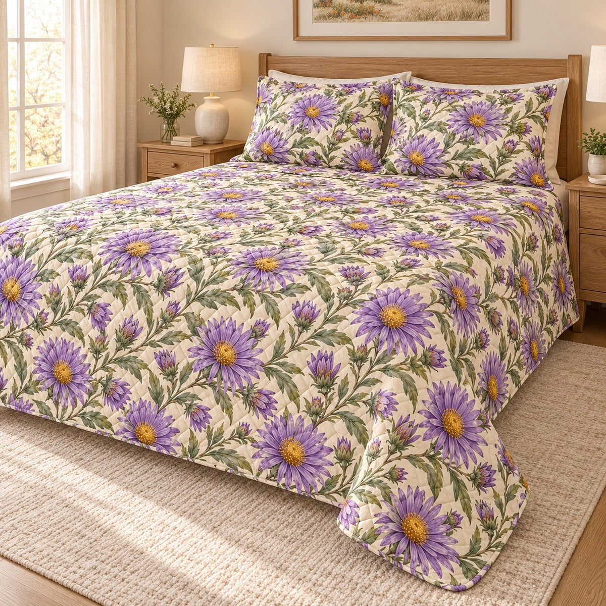 Purple Aster Autumn quilt set, right hero, AI-generated mockup