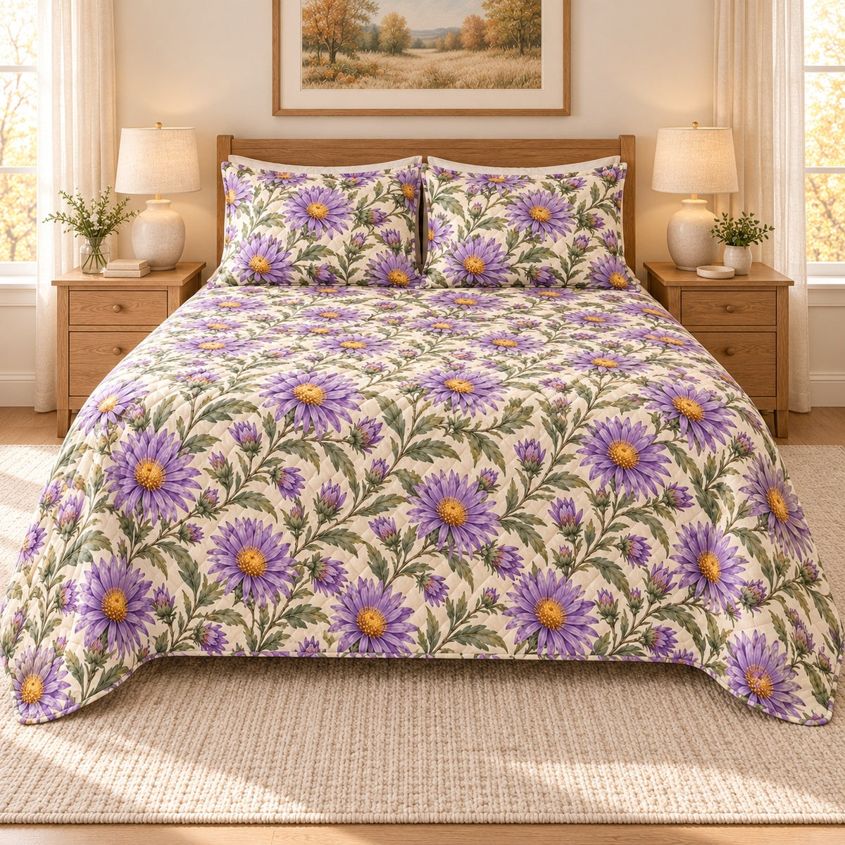 Purple Aster Autumn quilt set, front, AI-generated mockup