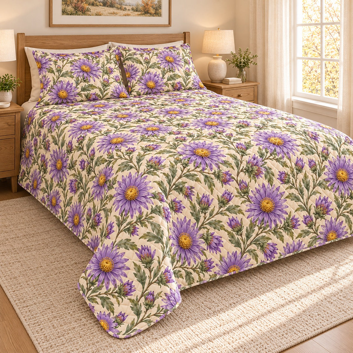 Purple Aster Autumn quilt set, left, AI-generated mockup