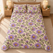 Purple Aster Autumn quilt set, overhead fully spread, AI-generated mockup
