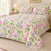 Pastel Sweet Pea Trellis quilt set, right hero, AI-generated mockup