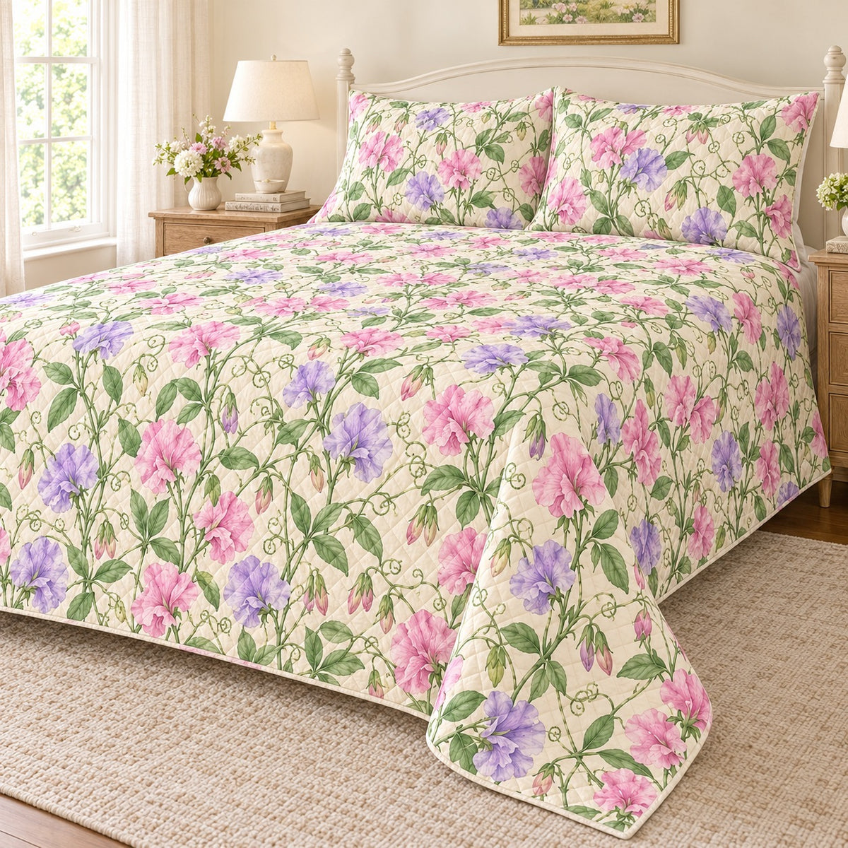 Pastel Sweet Pea Trellis quilt set, right hero, AI-generated mockup