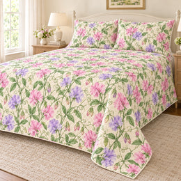 Pastel Sweet Pea Trellis Quilt Set, Cottage Floral Bedding, Gift for Garden Lovers