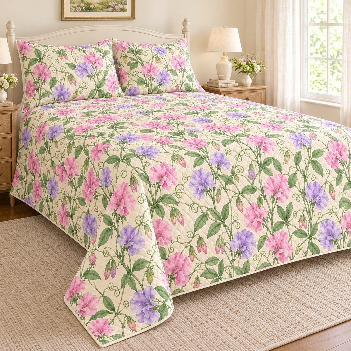 Pastel Sweet Pea Trellis quilt set, left, AI-generated mockup