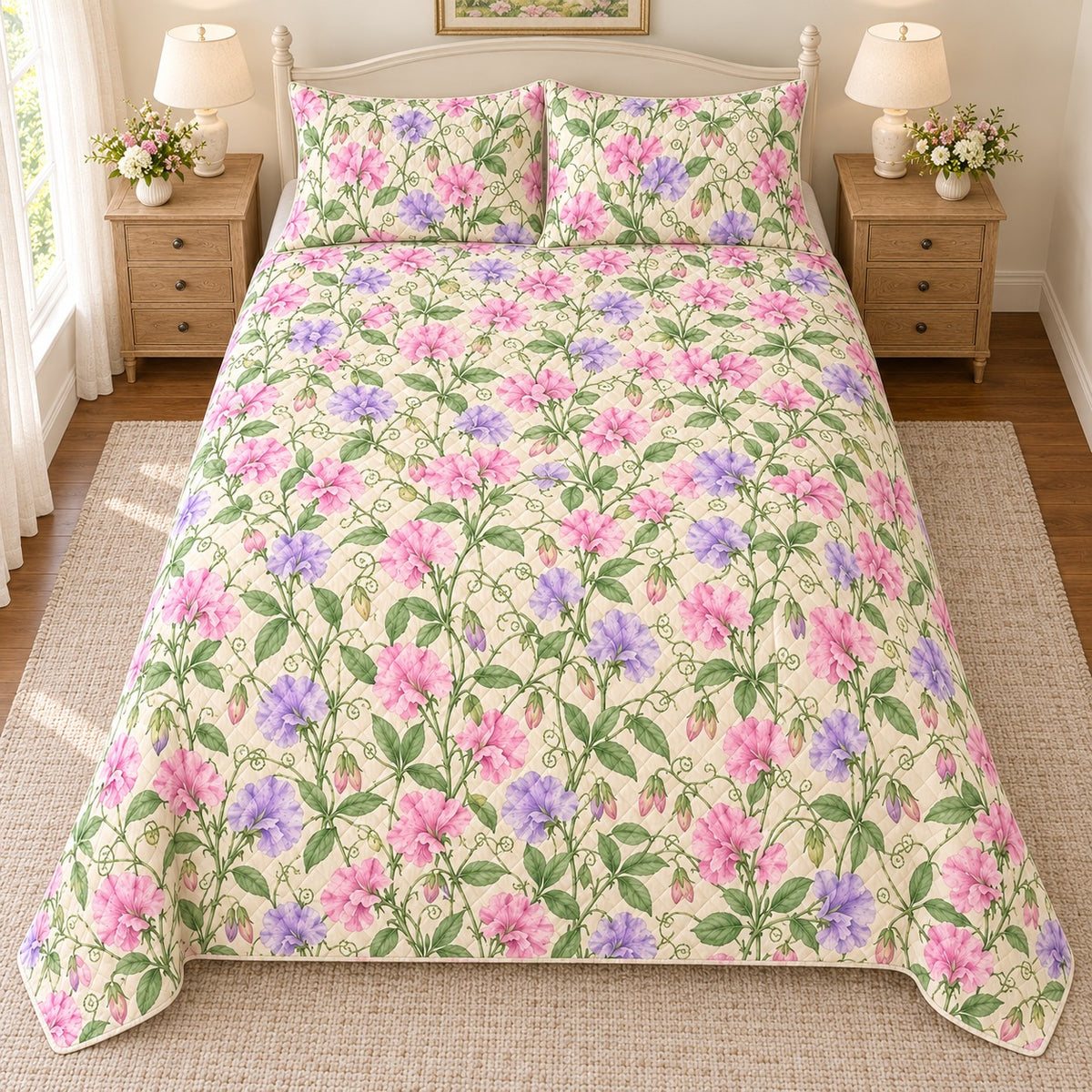 Pastel Sweet Pea Trellis quilt set, overhead fully spread, AI-generated mockup